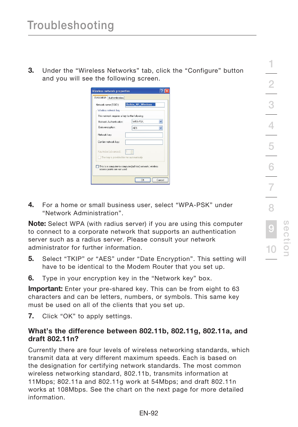 Troubleshooting, Se c tio n | Belkin N1 Wireless Modem Router F5D8631-4 User Manual | Page 94 / 102