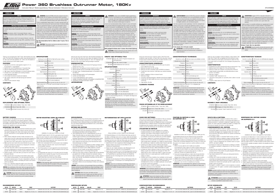 E-flite Power 360 Brushless Outrunner Motor, 180Kv User Manual | 2 pages
