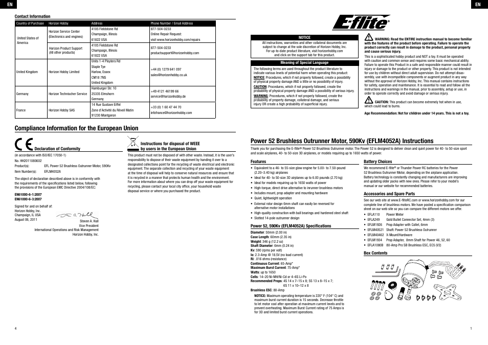 E-flite Power 52 Brushless Outrunner Motor, 590Kv User Manual | 8 pages