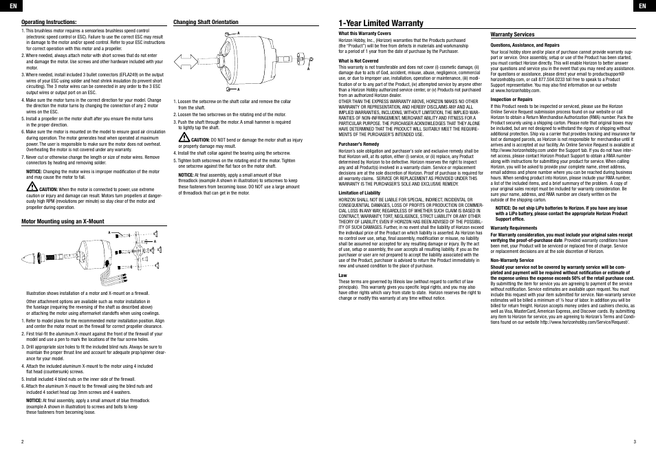 Year limited warranty | E-flite Power 52 Brushless Outrunner Motor, 590Kv User Manual | Page 2 / 8