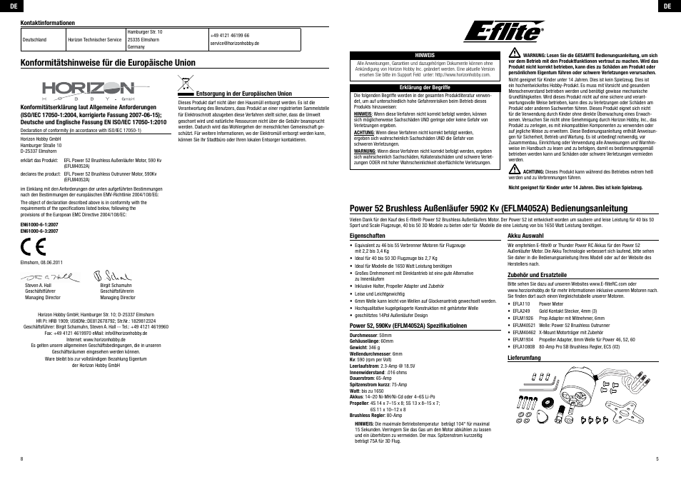 Konformitätshinweise für die europäische union | E-flite Power 52 Brushless Outrunner Motor, 590Kv User Manual | Page 3 / 8
