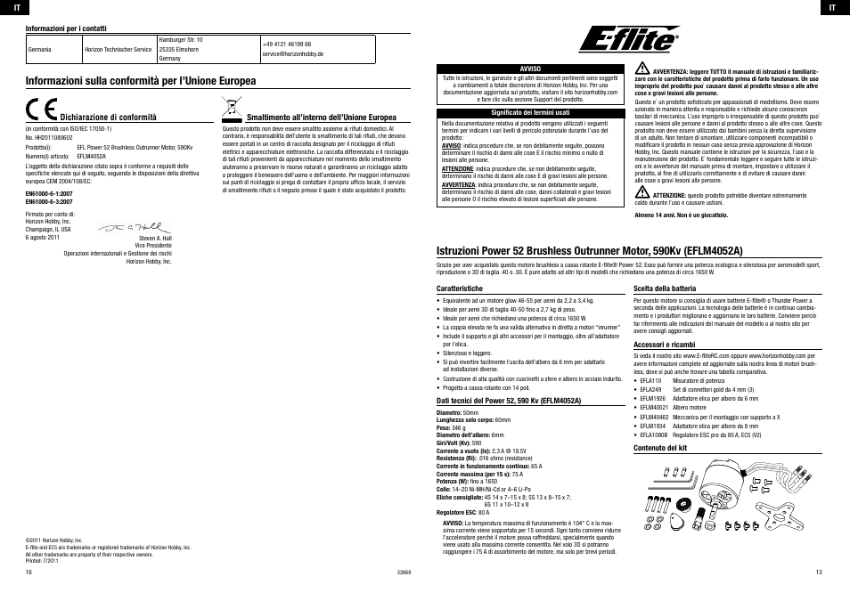 Informazioni sulla conformità per l’unione europea | E-flite Power 52 Brushless Outrunner Motor, 590Kv User Manual | Page 7 / 8