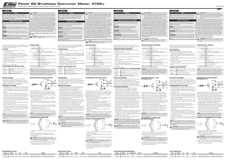 E-flite Power 60 Brushless Outrunner Motor, 470Kv User Manual | 2 pages