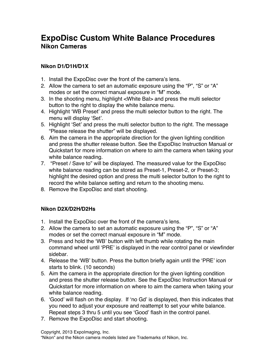 ExpoImaging ExpoDisc: Nikon Custom WB User Manual | 7 pages