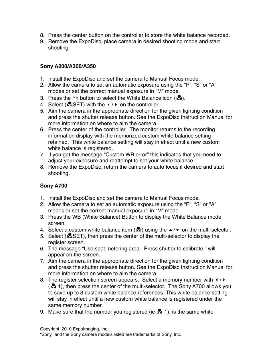 ExpoImaging ExpoDisc: Sony Custom WB User Manual | Page 2 / 4