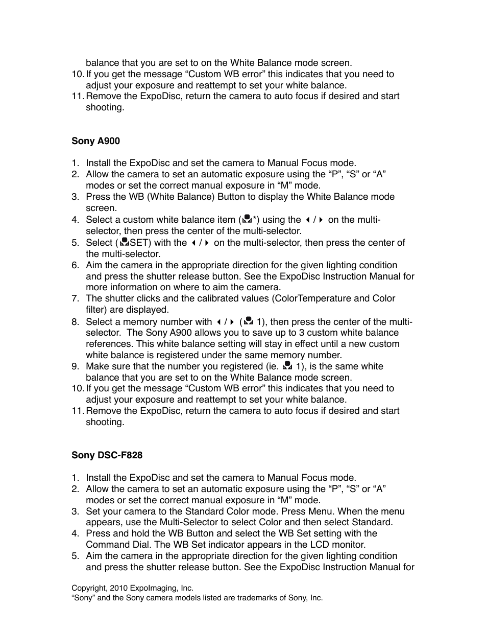 ExpoImaging ExpoDisc: Sony Custom WB User Manual | Page 3 / 4