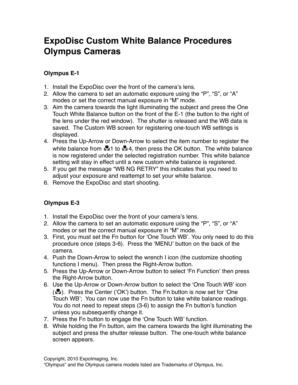 ExpoImaging ExpoDisc: Olympus Custom WB User Manual | 5 pages