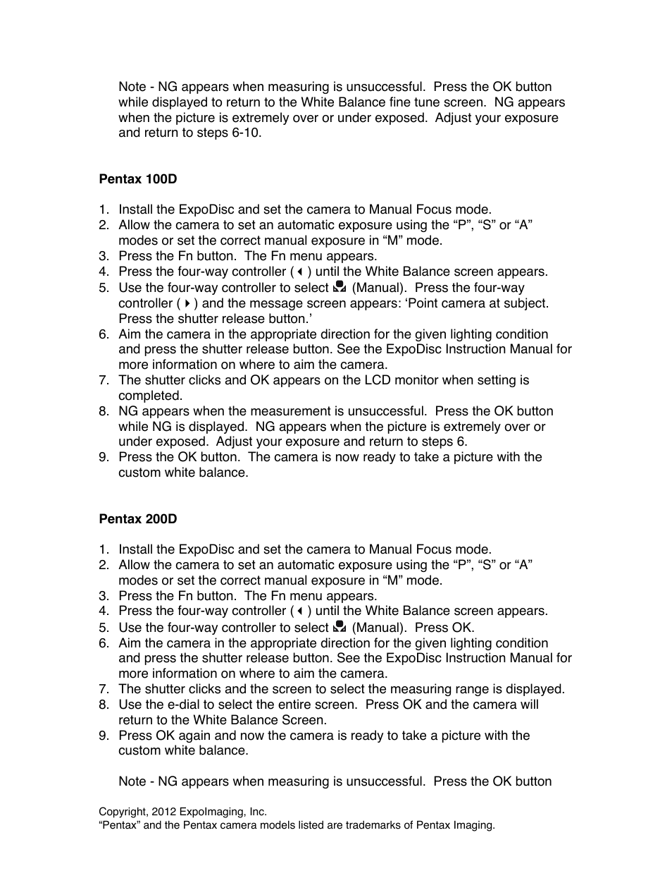 ExpoImaging ExpoDisc: Pentax Custom WB User Manual | Page 2 / 3