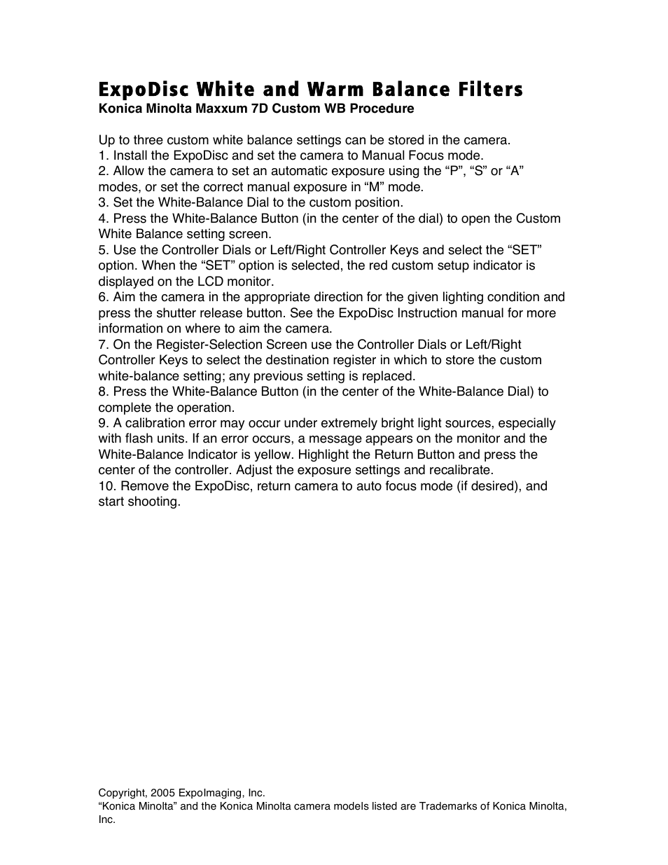 ExpoImaging ExpoDisc: Konica Minolta Custom WB User Manual | 1 page