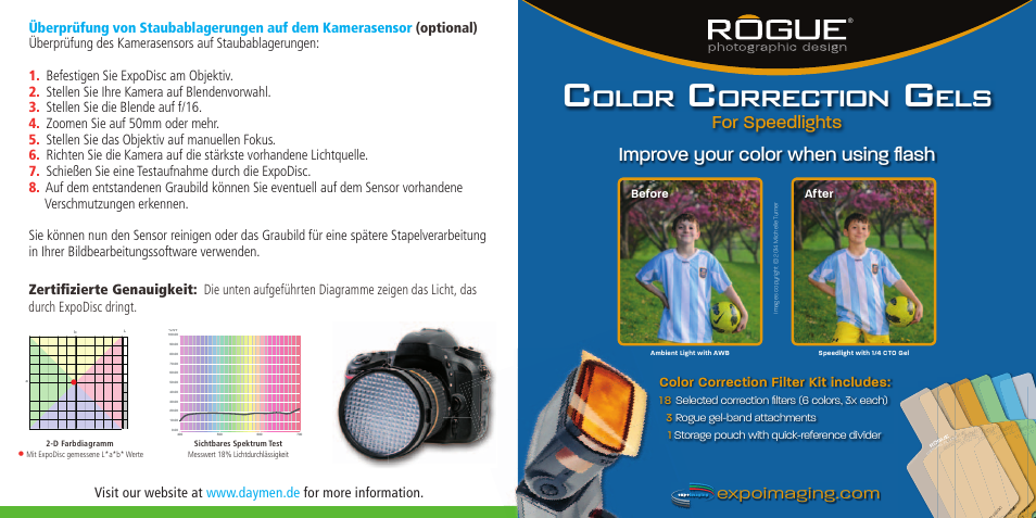 Olor, Orrection, Improve your color when using fl ash | For speedlights, Color correction filter kit includes, Before, After | ExpoImaging ExpoDisc 2.0 Quickstart Guide User Manual | Page 8 / 9