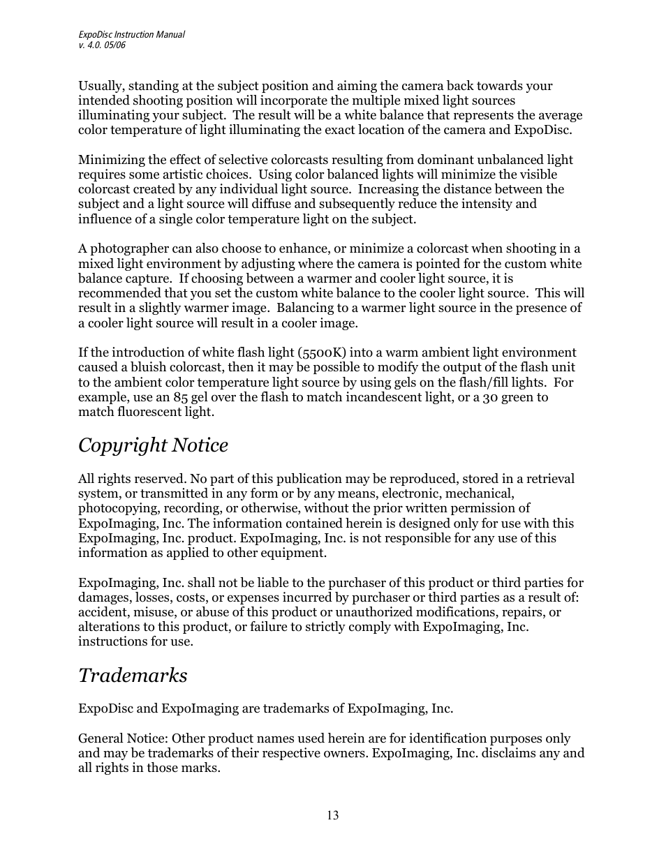 Copyright notice, Trademarks | ExpoImaging ExpoDisc Reference Manual for Digital Cameras User Manual | Page 13 / 15