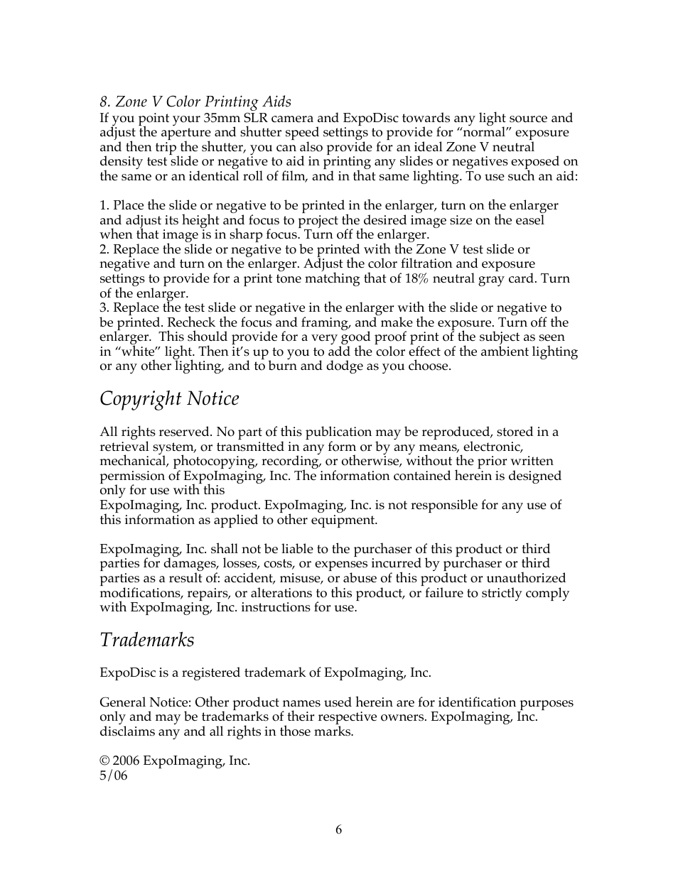 Copyright notice, Trademarks | ExpoImaging ExpoDisc Instructions for Film Cameras User Manual | Page 6 / 8