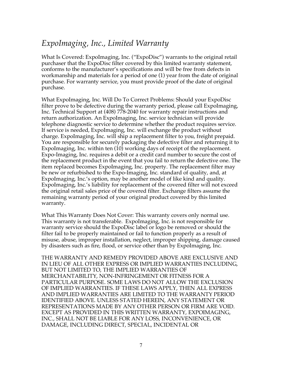 Expoimaging, inc., limited warranty | ExpoImaging ExpoDisc Instructions for Film Cameras User Manual | Page 7 / 8