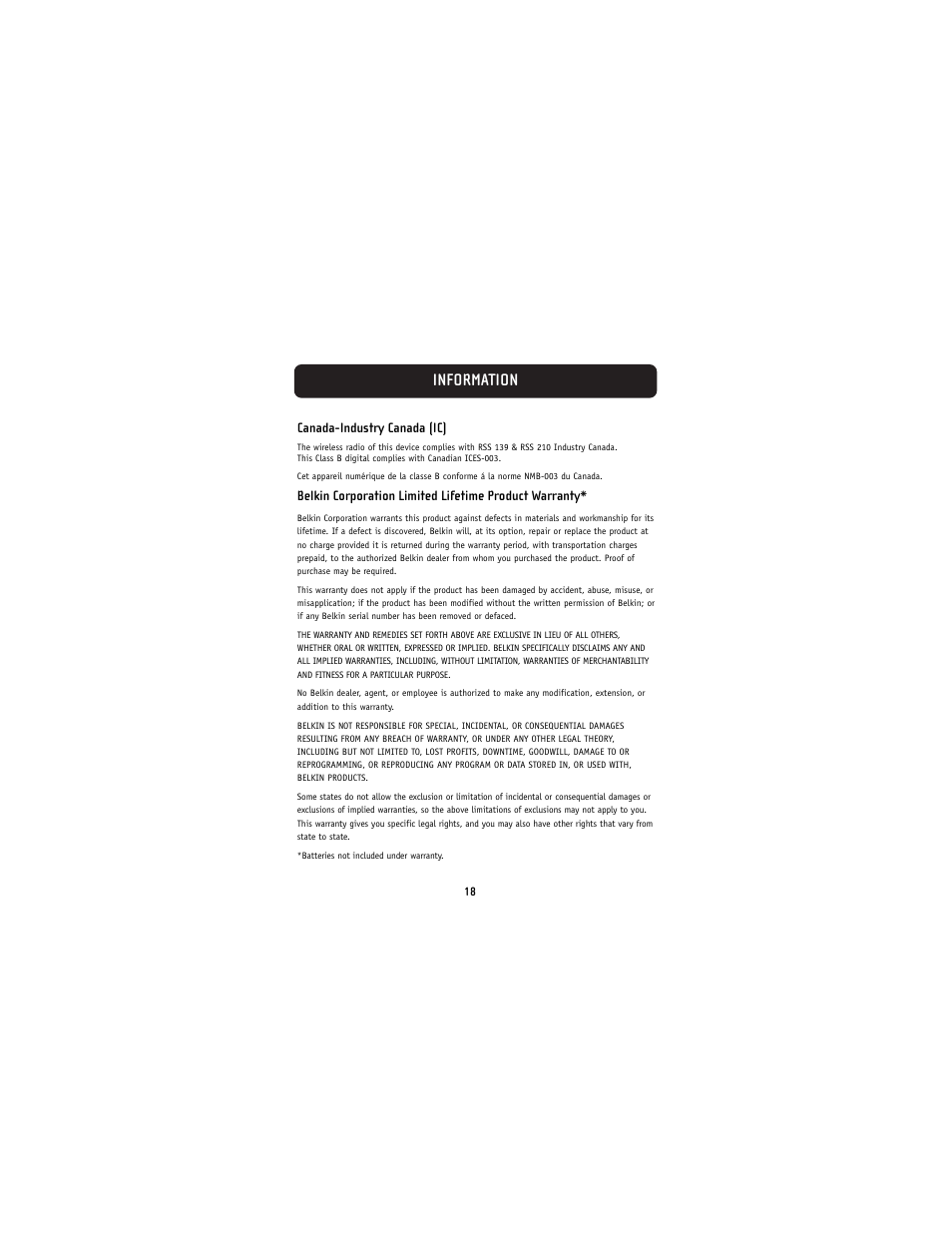 Information, Canada-industry canada (ic) | Belkin F8E826-OPT User Manual | Page 21 / 21