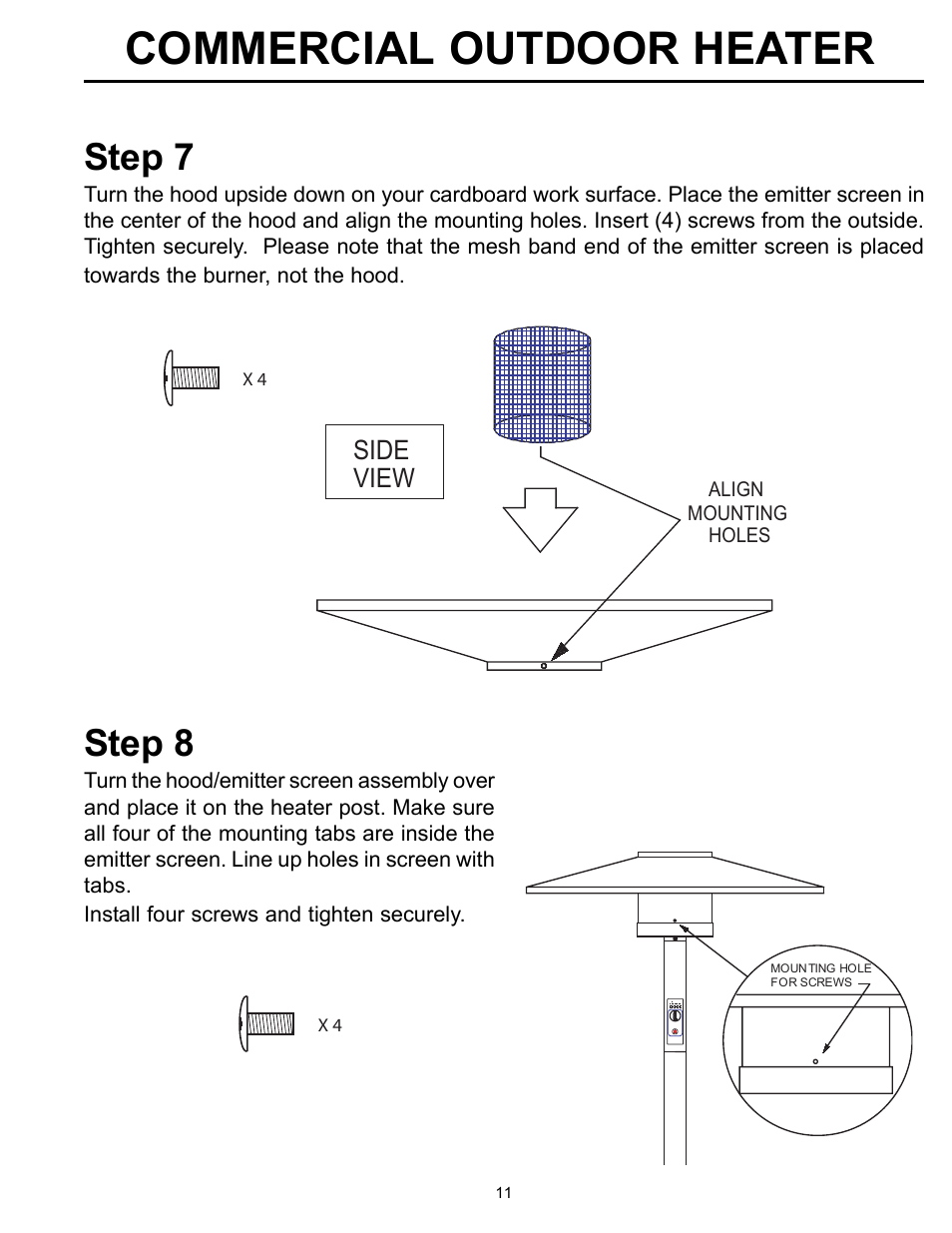 Commercial outdoor heater, Step 7, Step 8 | Side view | Garden Sun Heater HS-SS Commercial Square User Manual | Page 11 / 20