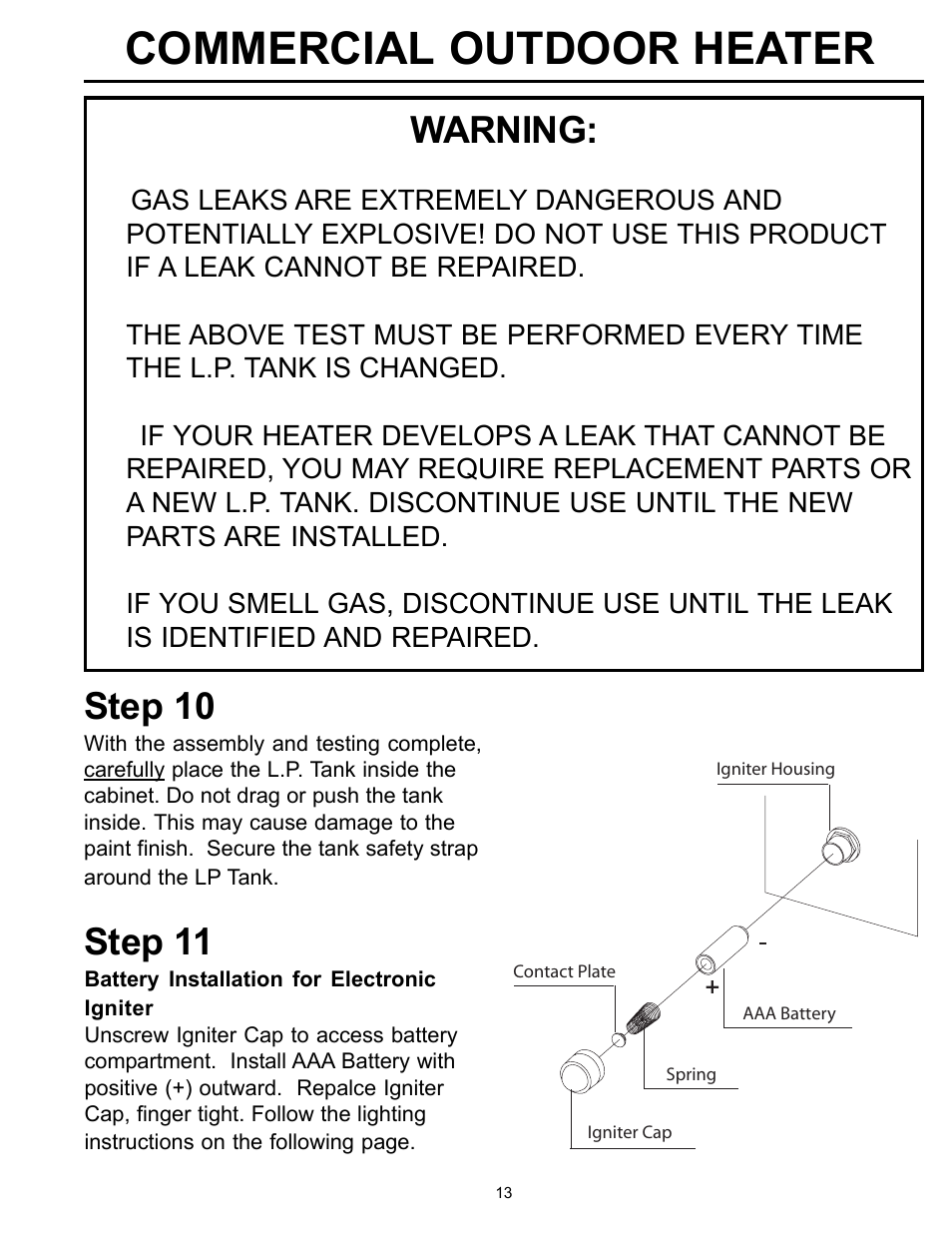 Commercial outdoor heater, Warning, Step 10 | Step 11 | Garden Sun Heater HS-SS Commercial Square User Manual | Page 13 / 20