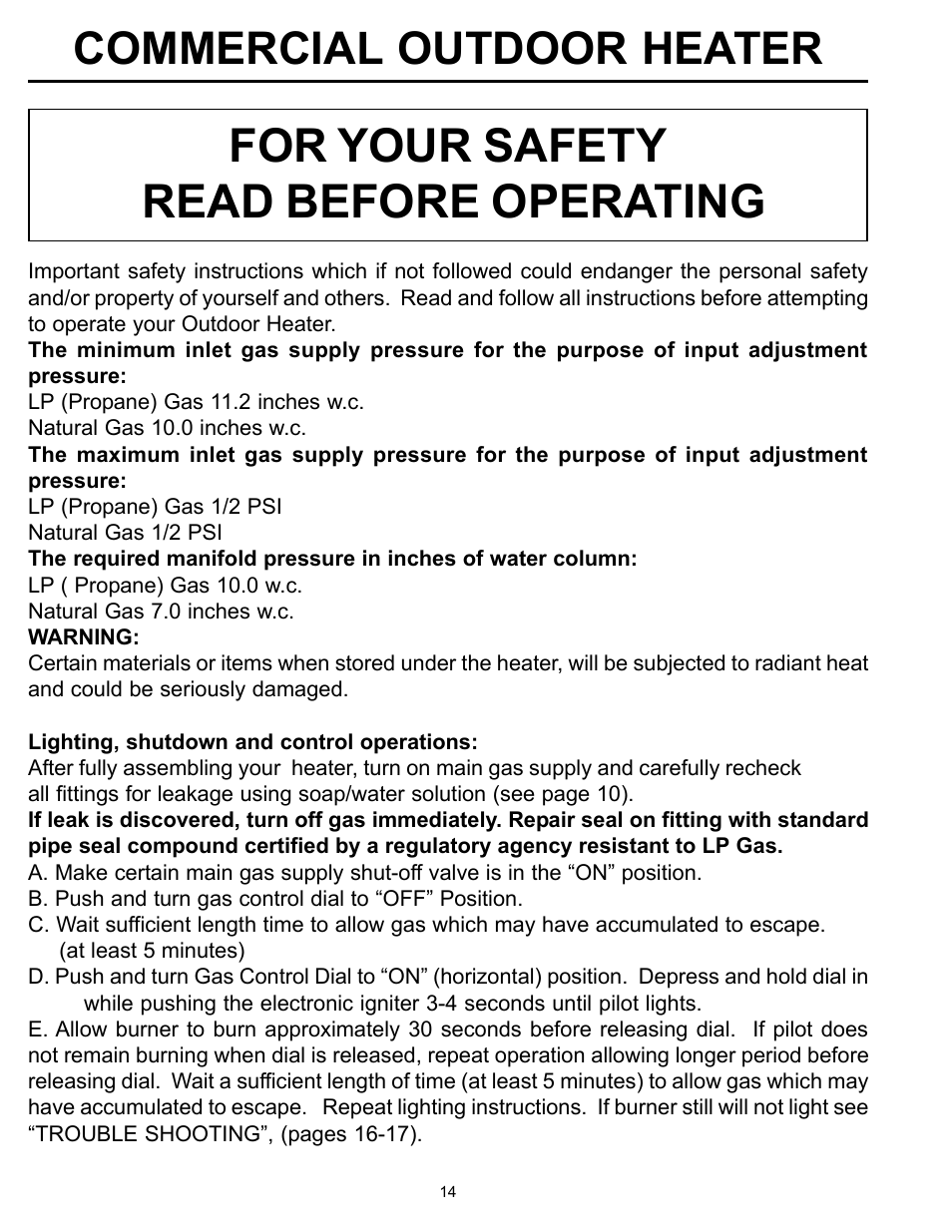 For your safety read before operating, Commercial outdoor heater | Garden Sun Heater HS-SS Commercial Square User Manual | Page 14 / 20