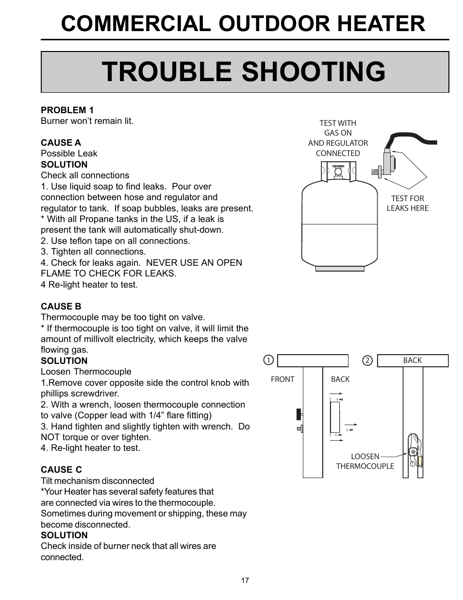 Trouble shooting, Commercial outdoor heater | Garden Sun Heater HS-SS Commercial Square User Manual | Page 17 / 20