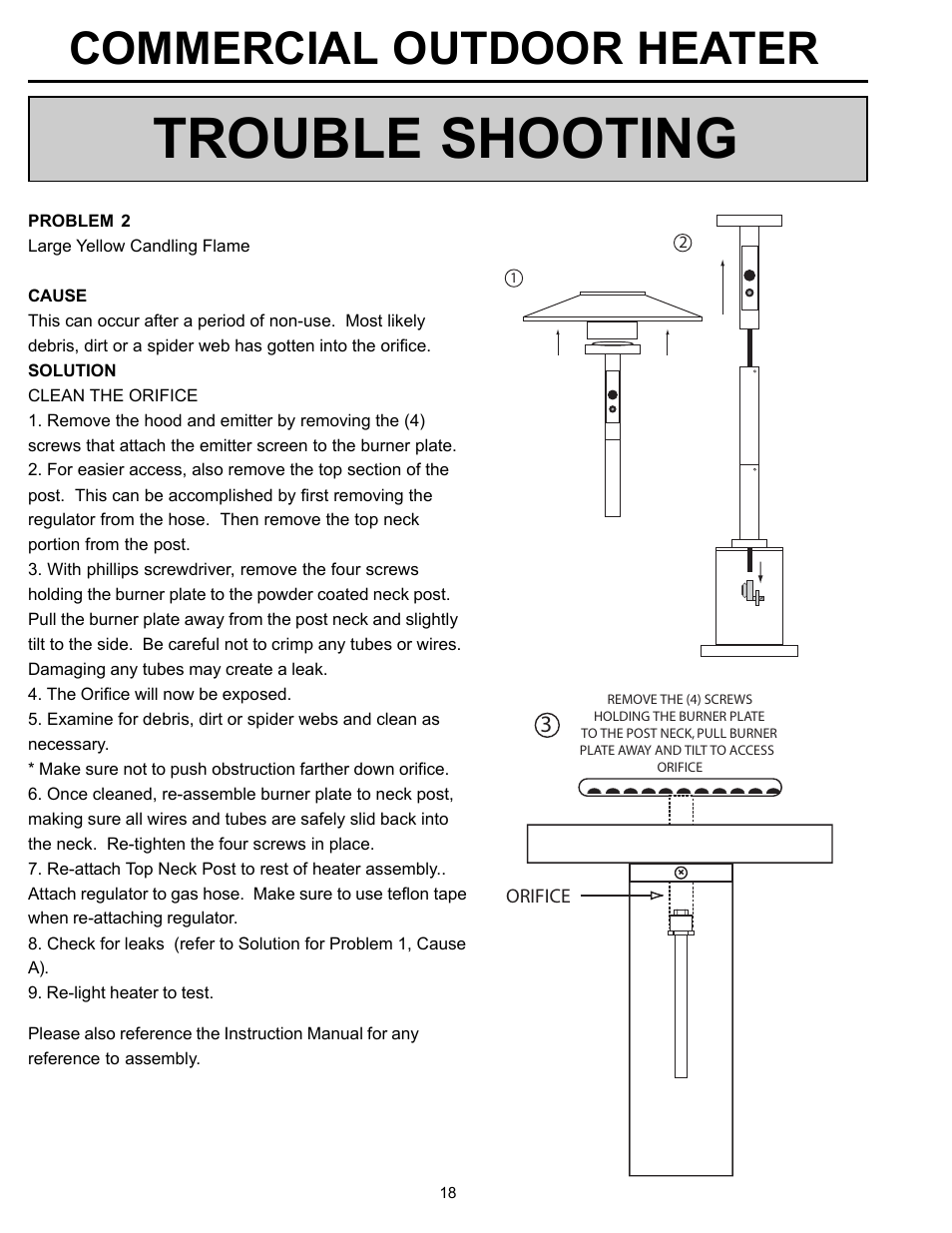 Trouble shooting, Commercial outdoor heater | Garden Sun Heater HS-SS Commercial Square User Manual | Page 18 / 20