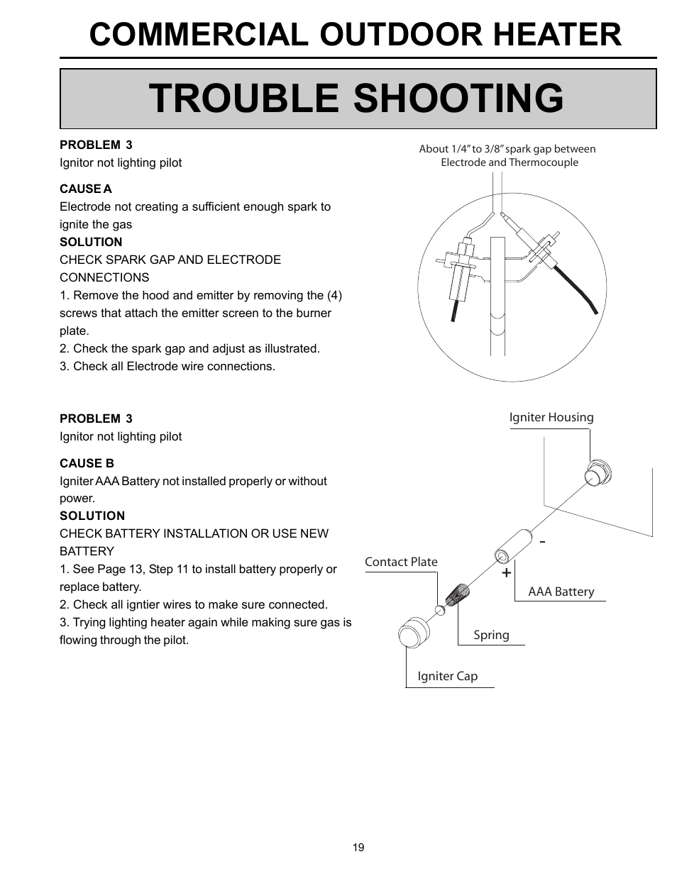 Trouble shooting, Commercial outdoor heater | Garden Sun Heater HS-SS Commercial Square User Manual | Page 19 / 20