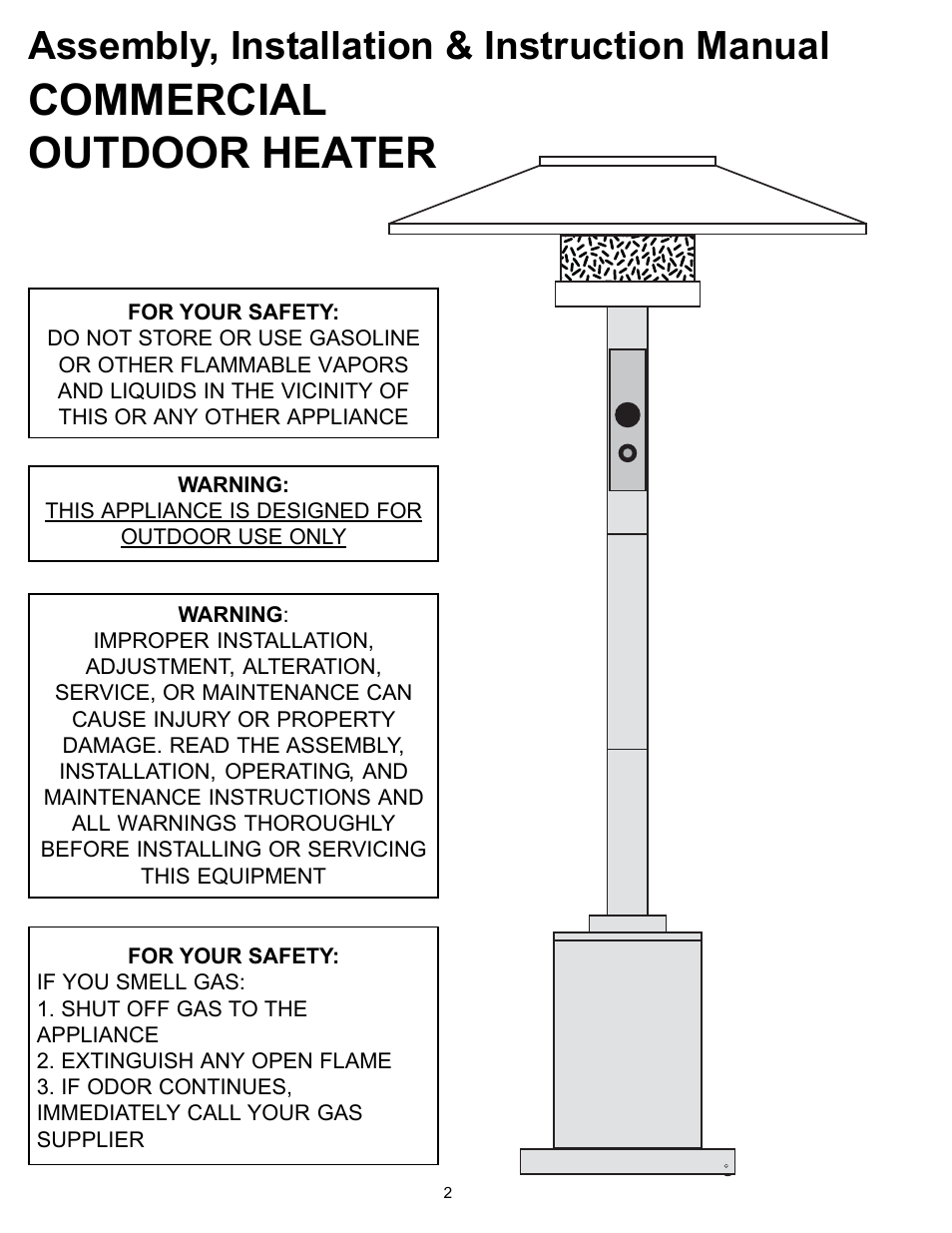 Commercial outdoor heater, Assembly, installation & instruction manual | Garden Sun Heater HS-SS Commercial Square User Manual | Page 2 / 20