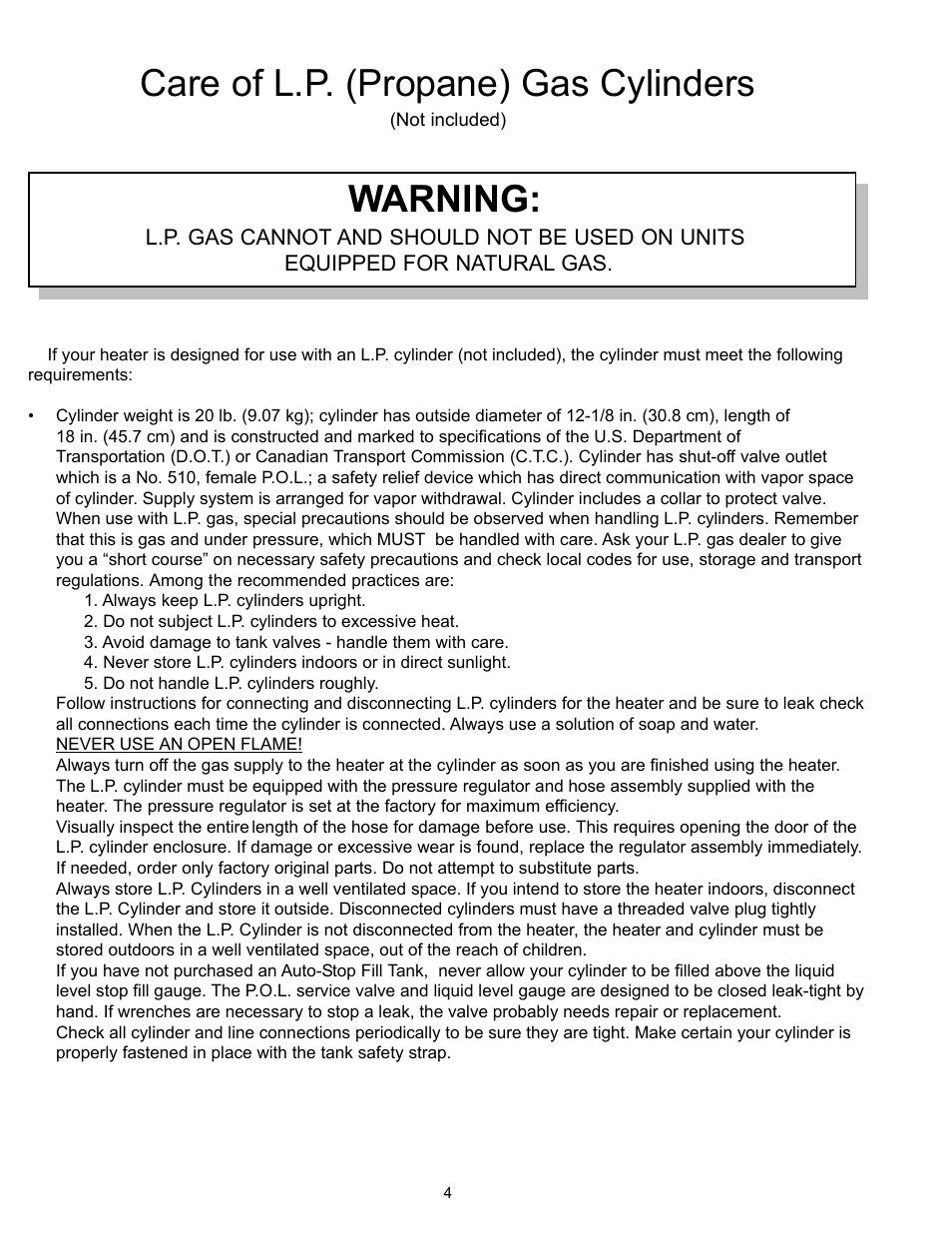 Care of l.p. (propane) gas cylinders, Warning | Garden Sun Heater HS-SS Commercial Square User Manual | Page 4 / 20