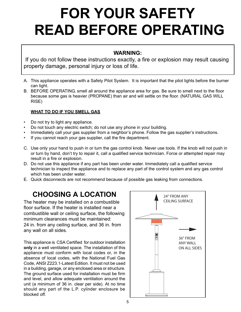 For your safety read before operating, Choosing a location | Garden Sun Heater HS-SS Commercial Square User Manual | Page 5 / 20