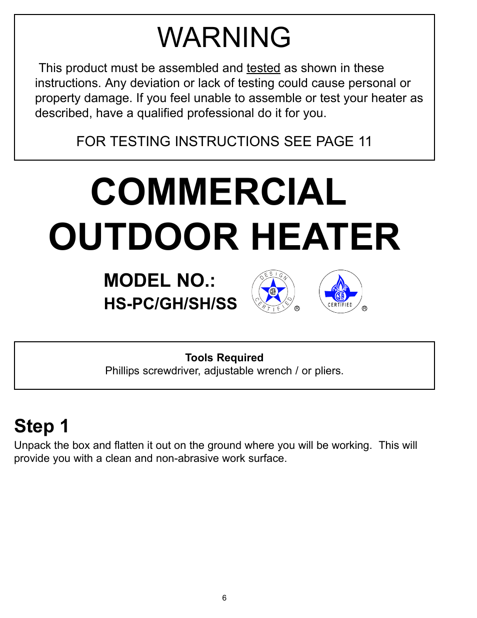 Commercial outdoor heater, Warning, Model no | Step 1 | Garden Sun Heater HS-SS Commercial Square User Manual | Page 6 / 20