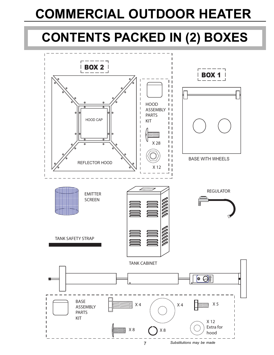 Commercial outdoor heater, Contents packed in (2) boxes, Box 2 | Box 1 | Garden Sun Heater HS-SS Commercial Square User Manual | Page 7 / 20