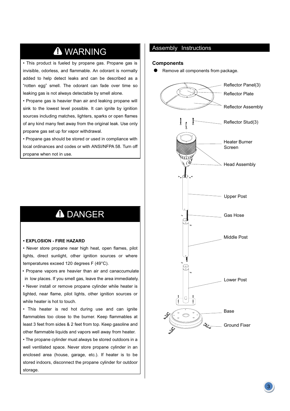 Warning, Danger | Garden Sun Heater HSS-NG-SS Natural Gas User Manual | Page 4 / 13