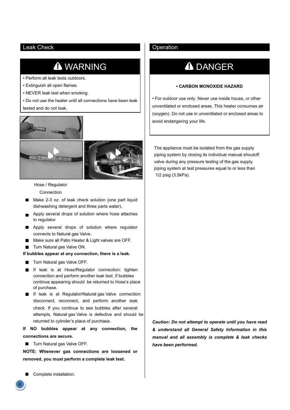 Warning, Danger | Garden Sun Heater HSS-NG-SS Natural Gas User Manual | Page 9 / 13