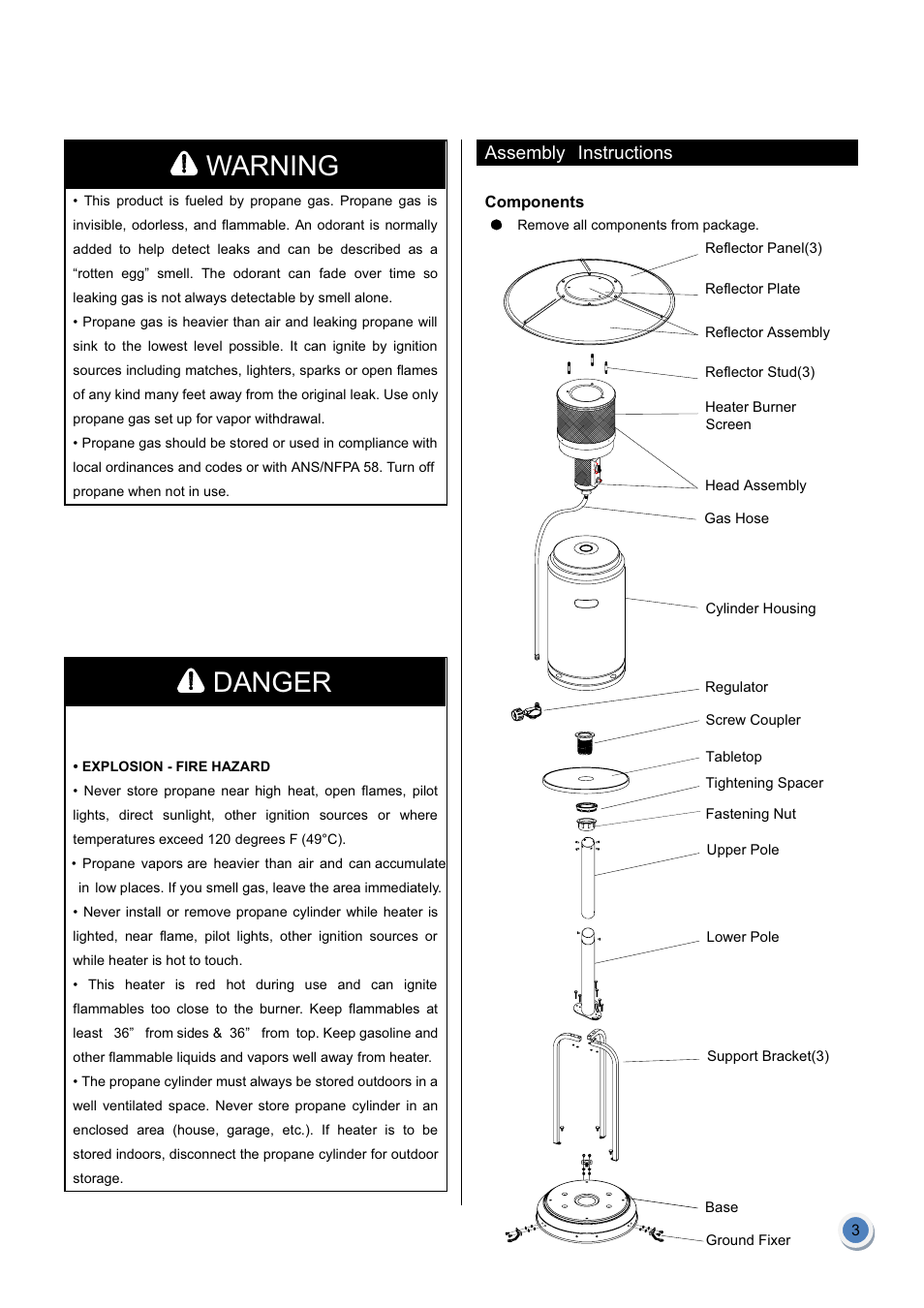 Warning, Danger, Assembly instructions | Garden Sun Heater HSS-A-GH Standard Lift Up User Manual | Page 4 / 14