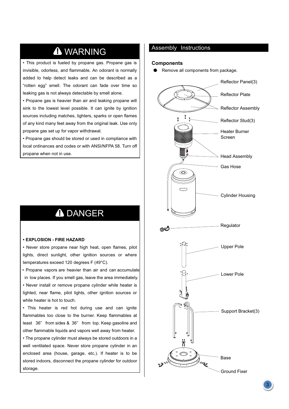 Warning, Danger, Assembly instructions | Garden Sun Heater HSS-A-SS THD 2011 Standard Lift Up User Manual | Page 4 / 13