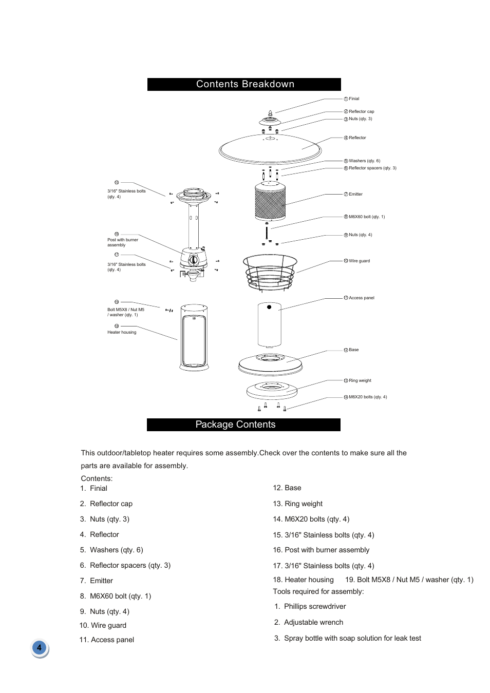 Contents breakdown package contents | Garden Sun Heater HPS-C-PC Tabletop Heater User Manual | Page 5 / 10