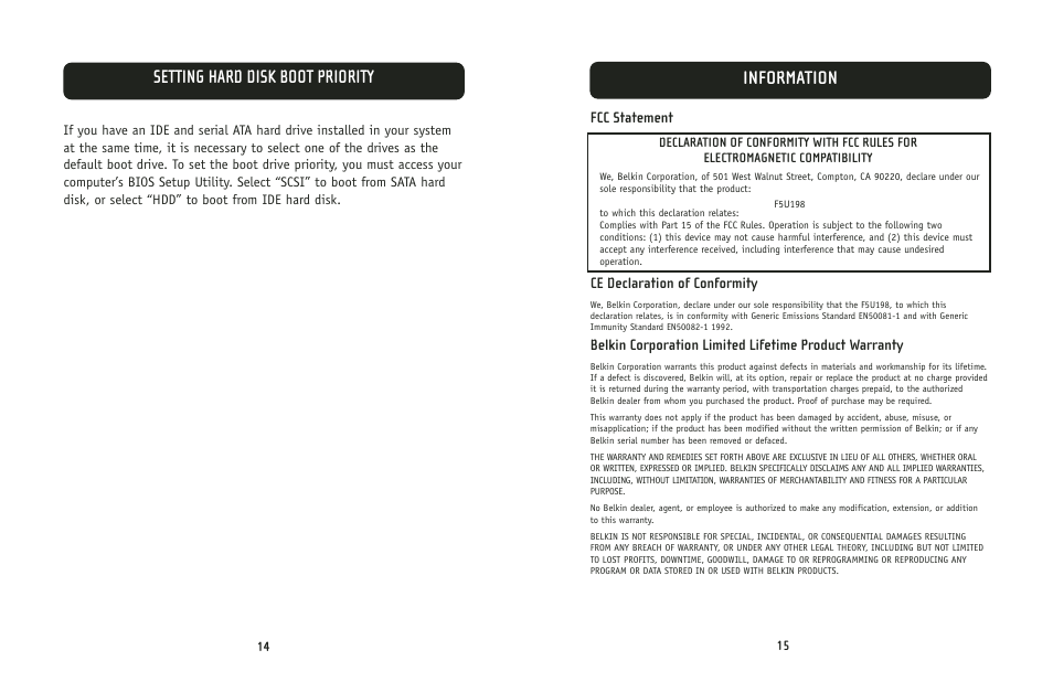 Information, Setting hard disk boot priority | Belkin F5U198 User Manual | Page 10 / 10