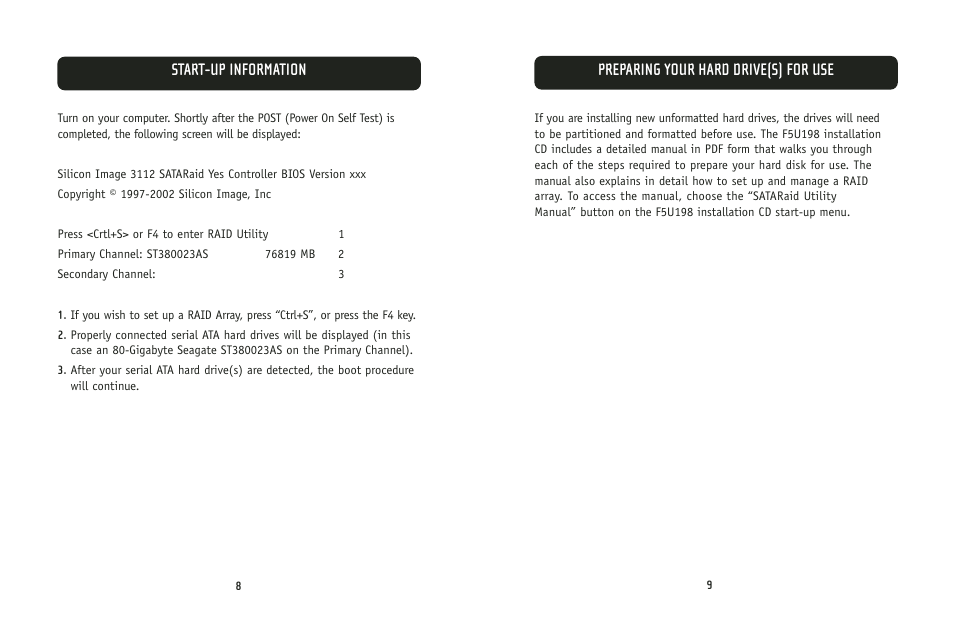 Preparing your hard drive(s) for use, Start-up information | Belkin F5U198 User Manual | Page 7 / 10