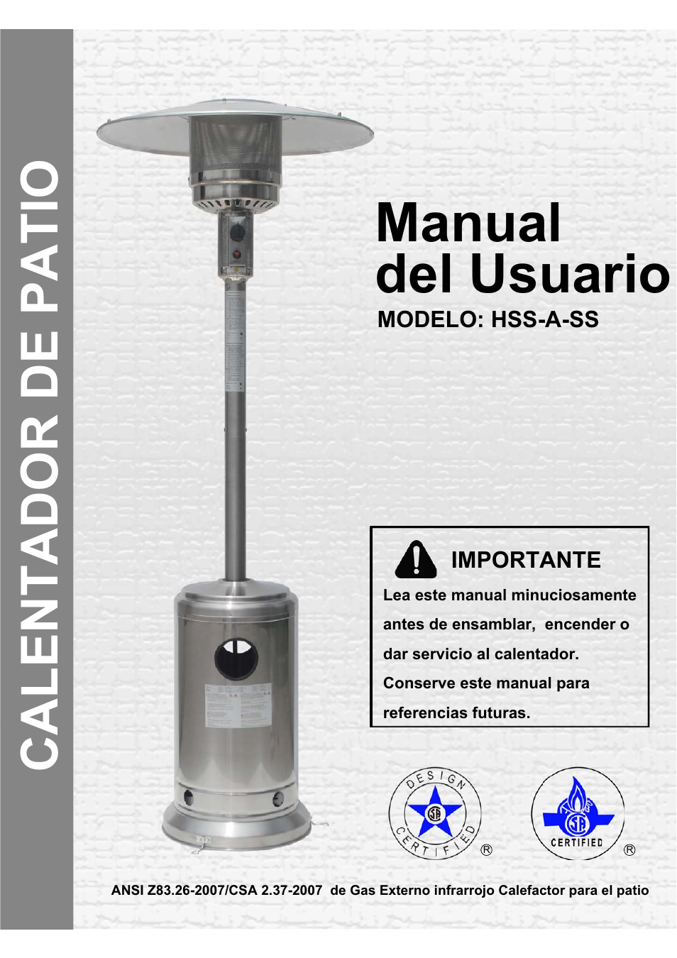 Manual del usuario, Calentador de patio | Garden Sun Heater HSS-A-SS THD-2010 User Manual | Page 14 / 26