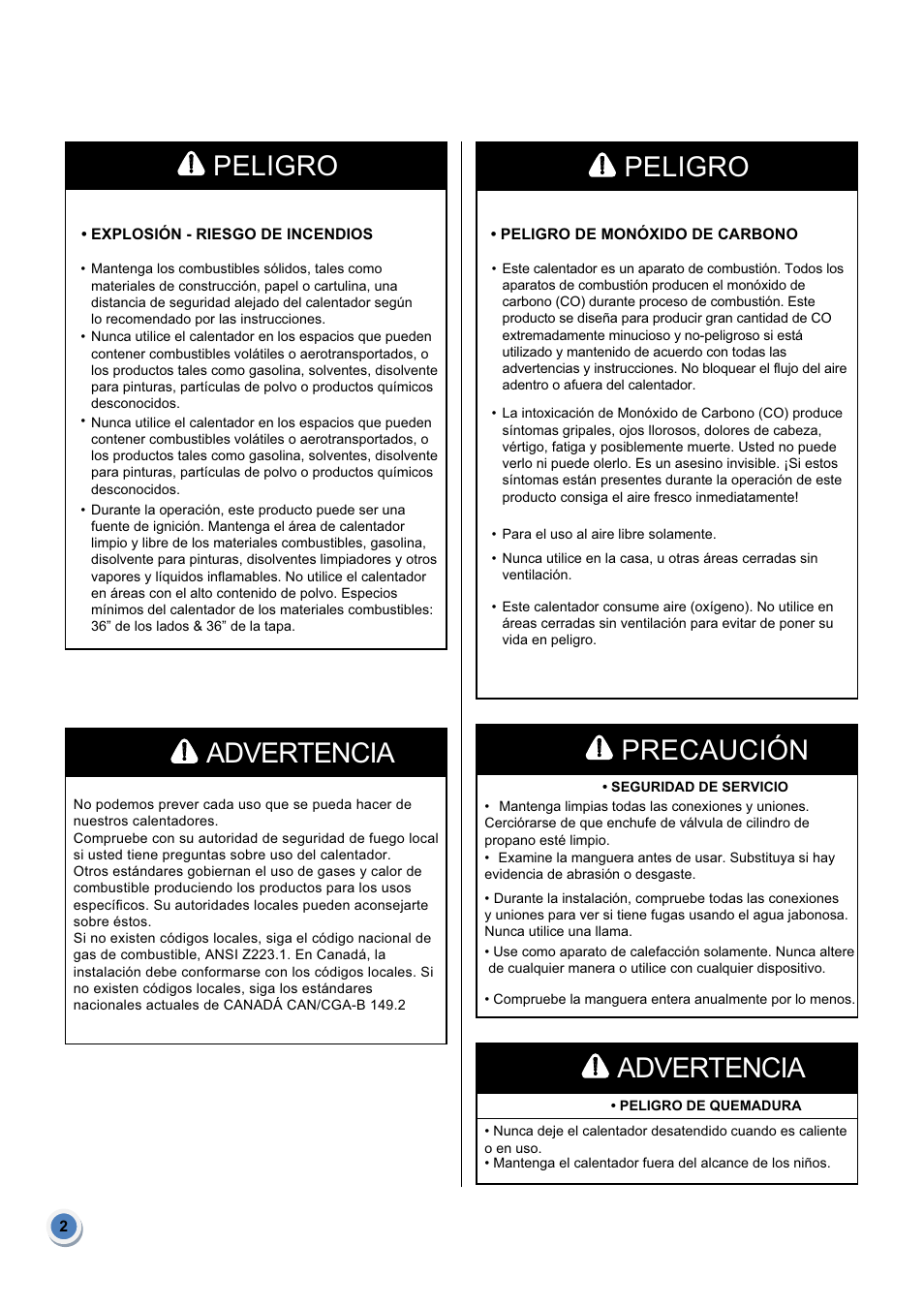 Peligro, Advertencia, Precaución | Garden Sun Heater HSS-A-SS THD-2010 User Manual | Page 16 / 26