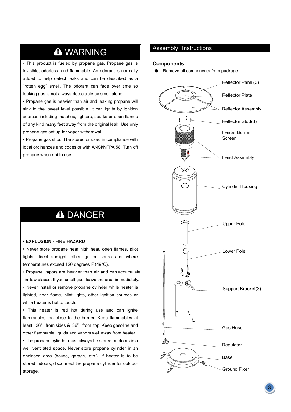 Warning, Danger, Assembly instructions | Garden Sun Heater HSS-A-SS THD-2010 User Manual | Page 4 / 26