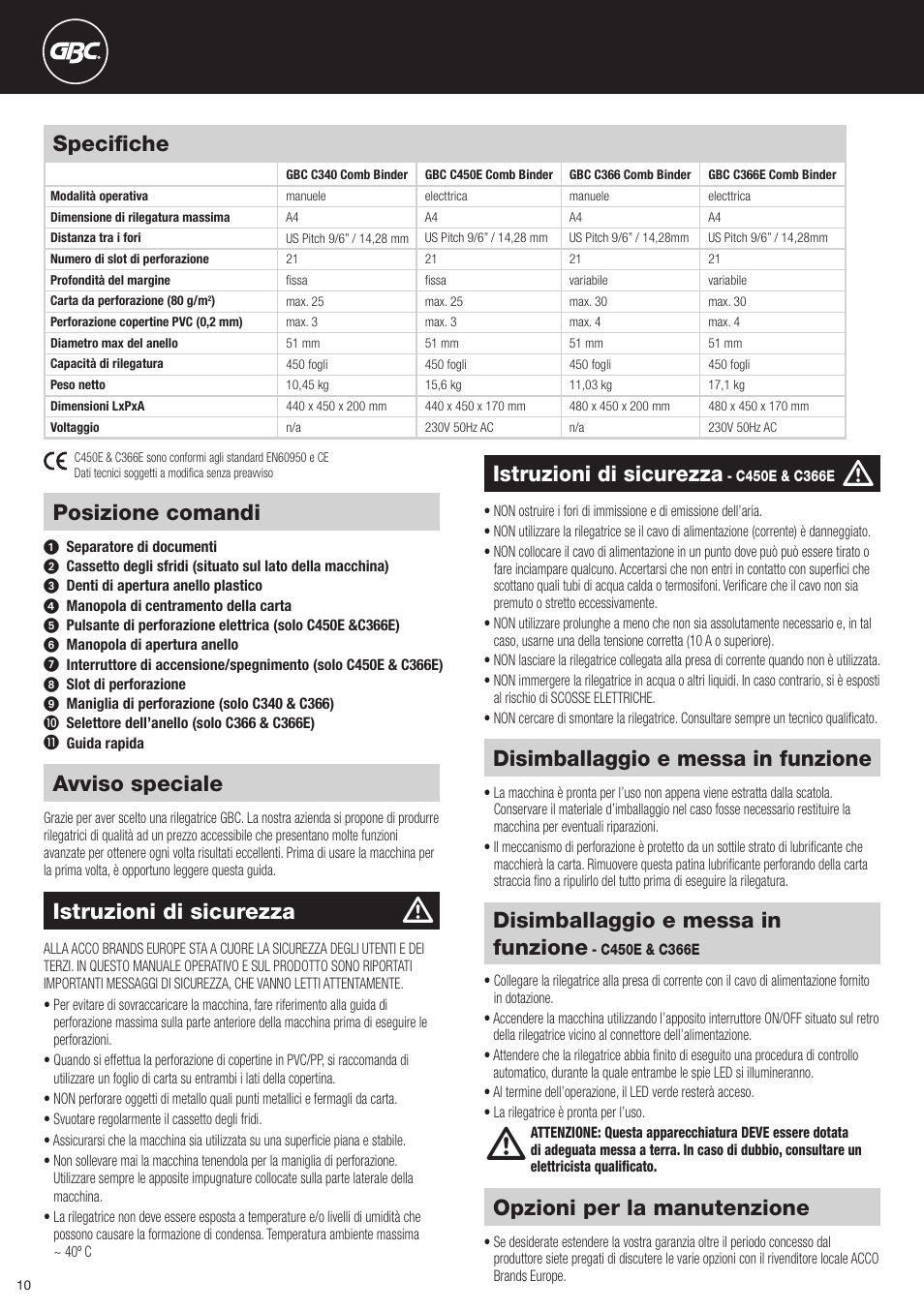 Avviso speciale, Opzioni per la manutenzione, Istruzioni di sicurezza | Disimballaggio e messa in funzione, Posizione comandi, Specifiche | GBC C366E User Manual | Page 10 / 38