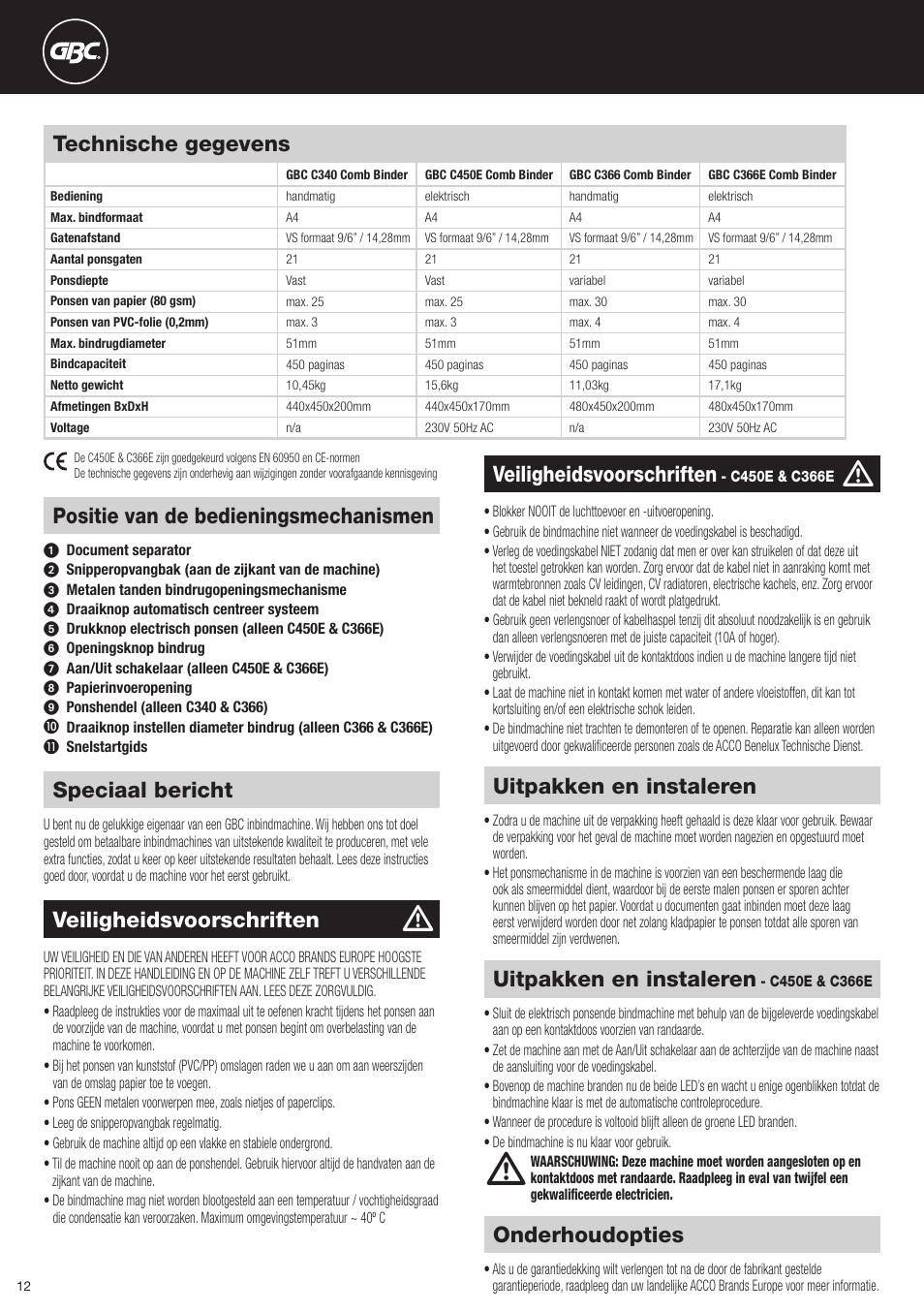 Speciaal bericht, Onderhoudopties, Veiligheidsvoorschriften | Uitpakken en instaleren, Positie van de bedieningsmechanismen, Technische gegevens | GBC C366E User Manual | Page 12 / 38