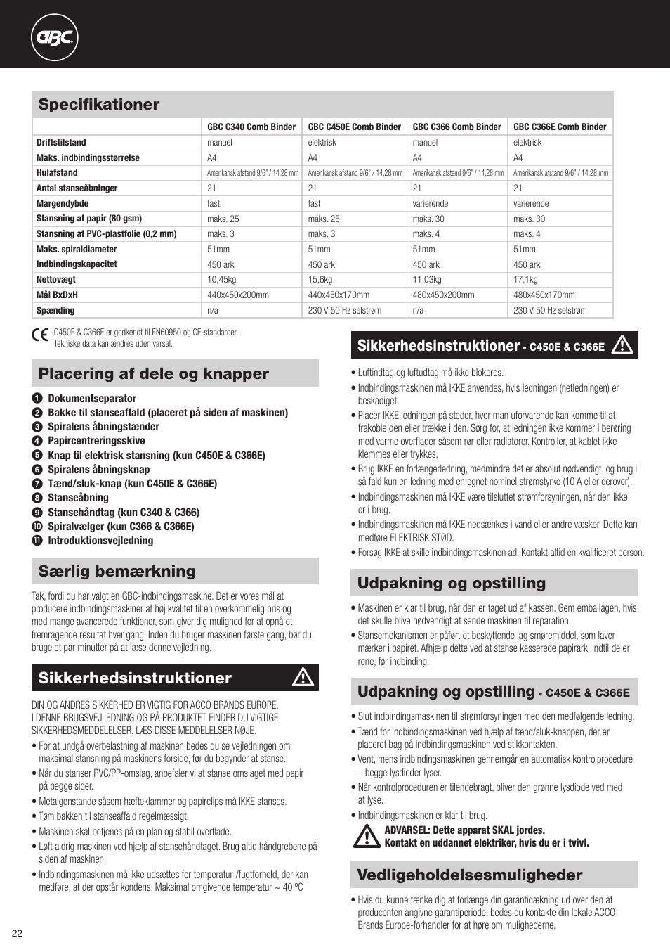 Særlig bemærkning, Vedligeholdelsesmuligheder, Sikkerhedsinstruktioner | Udpakning og opstilling, Placering af dele og knapper, Specifikationer | GBC C366E User Manual | Page 22 / 38