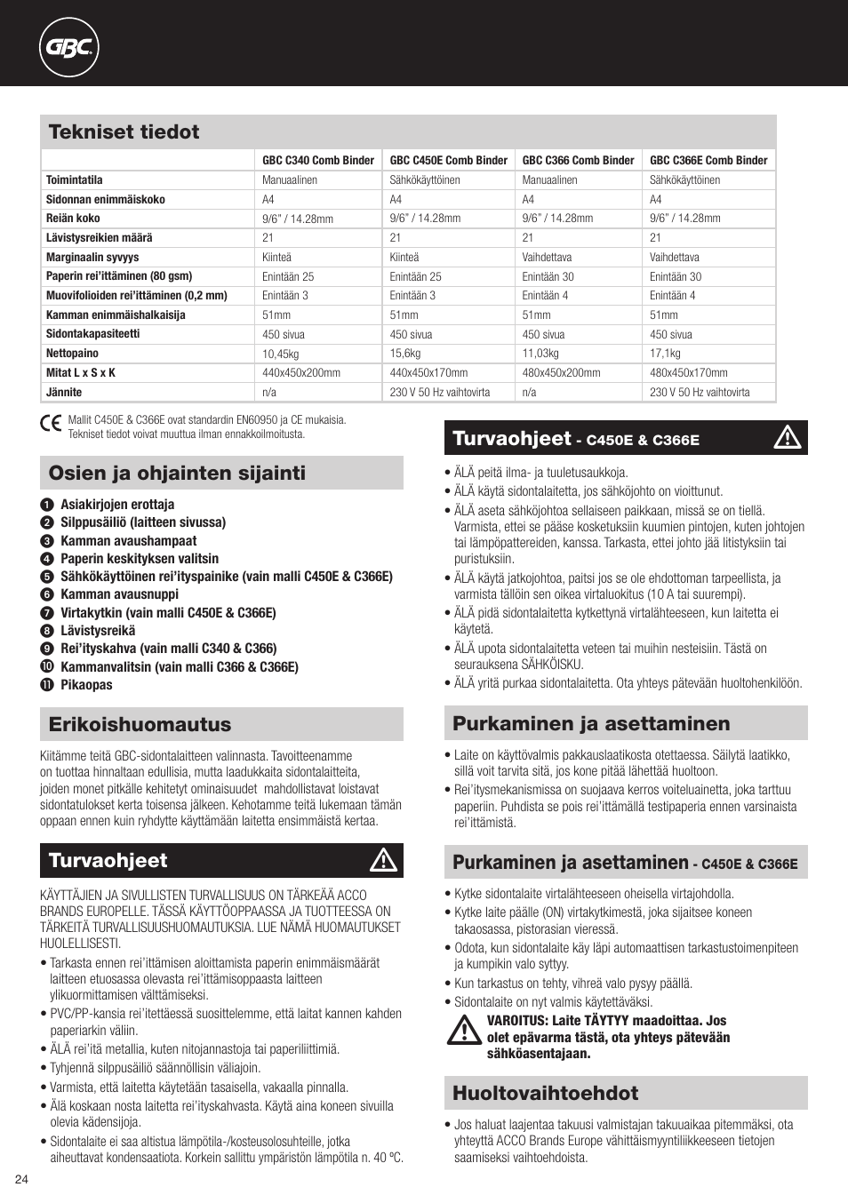 Erikoishuomautus, Huoltovaihtoehdot, Turvaohjeet | Purkaminen ja asettaminen, Osien ja ohjainten sijainti, Tekniset tiedot | GBC C366E User Manual | Page 24 / 38