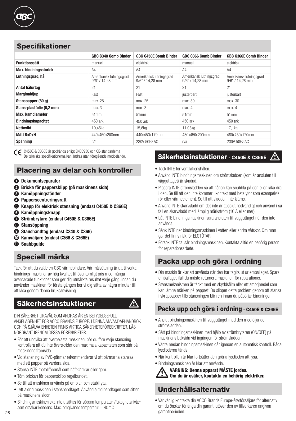 Speciell märka, Underhållsalternativ, Säkerhetsinstuktioner | Packa upp och göra i ordning, Placering av delar och kontroller, Specifikationer | GBC C366E User Manual | Page 28 / 38