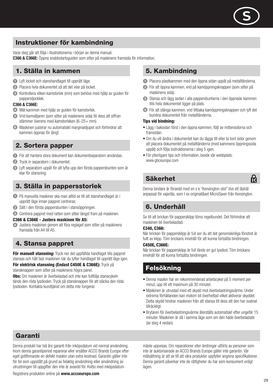 Garanti, Instruktioner för kambindning, Ställa in kammen | Felsökning, Sortera papper, Ställa in pappersstorlek, Stansa pappret, Kambindning, Underhåll, Säkerhet | GBC C366E User Manual | Page 29 / 38
