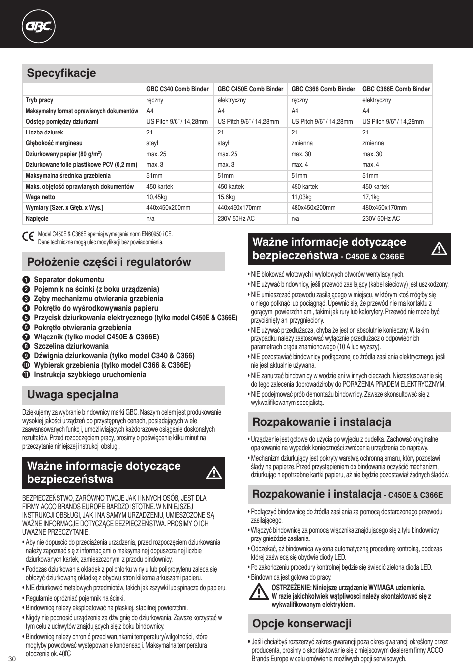 Opcje konserwacji, Rozpakowanie i instalacja, Ważne informacje dotyczące bezpieczeństwa | Położenie części i regulatorów, Specyfikacje | GBC C366E User Manual | Page 30 / 38