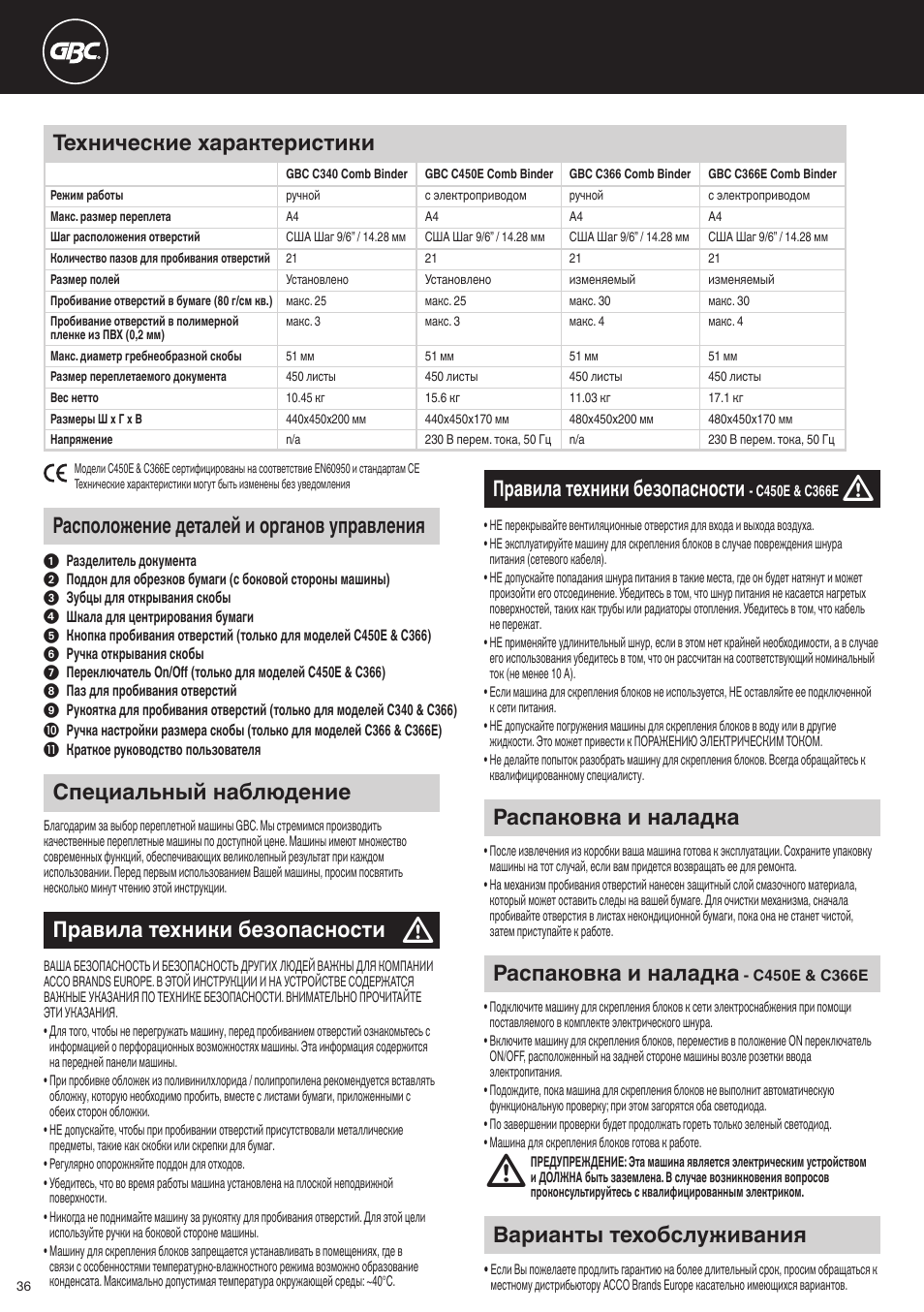 Специальный наблюдение, Правила техники безопасности, Варианты техобслуживания | Распаковка и наладка, Расположение деталей и органов управления, Технические характеристики | GBC C366E User Manual | Page 36 / 38