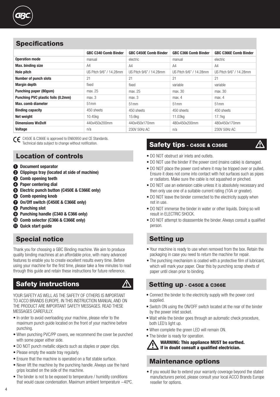 Location of controls, Special notice, Safety instructions | Setting up, Safety tips, Maintenance options, Specifications | GBC C366E User Manual | Page 4 / 38