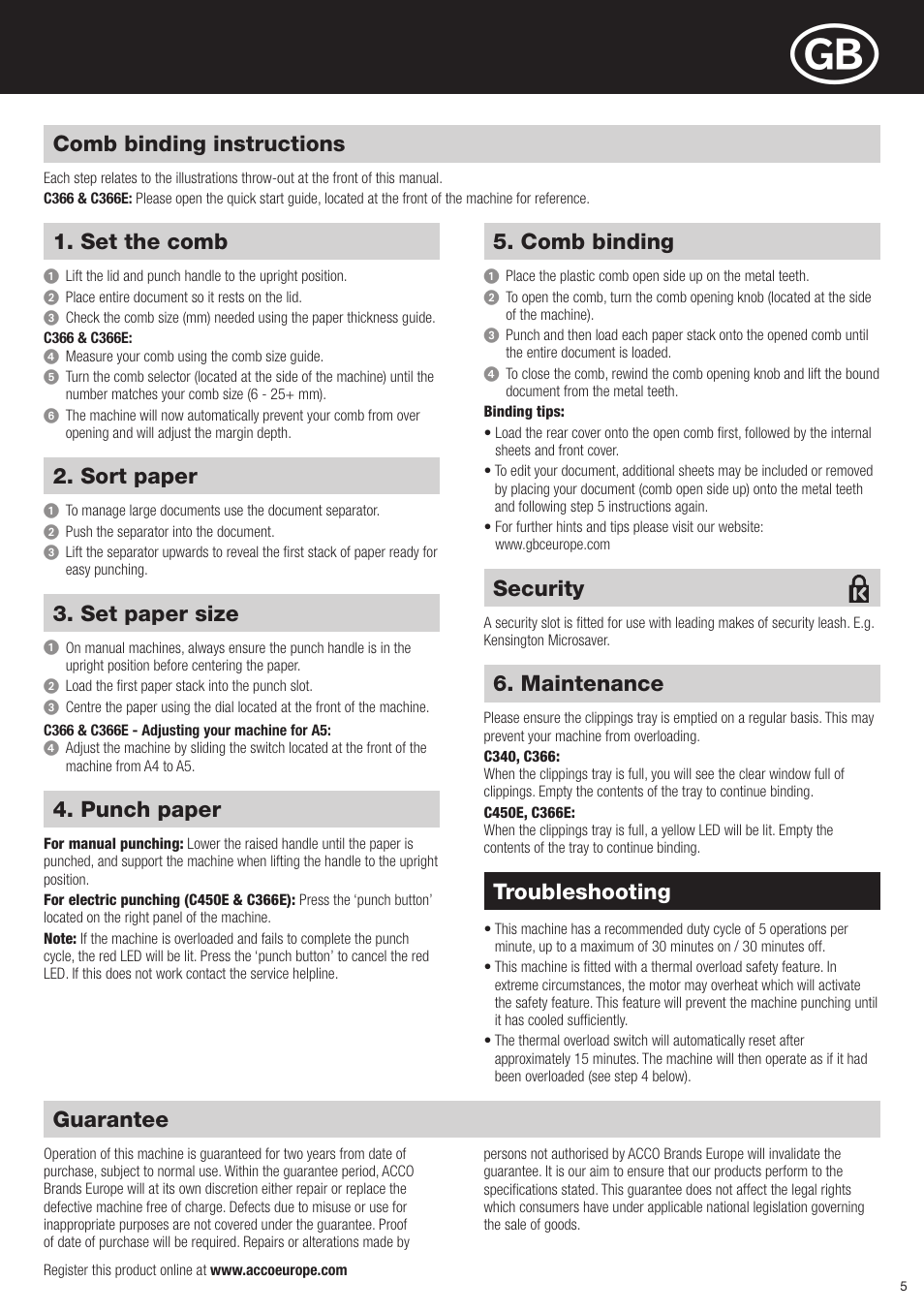 Guarantee, Comb binding instructions, Set the comb | Troubleshooting, Sort paper, Set paper size, Punch paper, Comb binding, Maintenance, Security | GBC C366E User Manual | Page 5 / 38