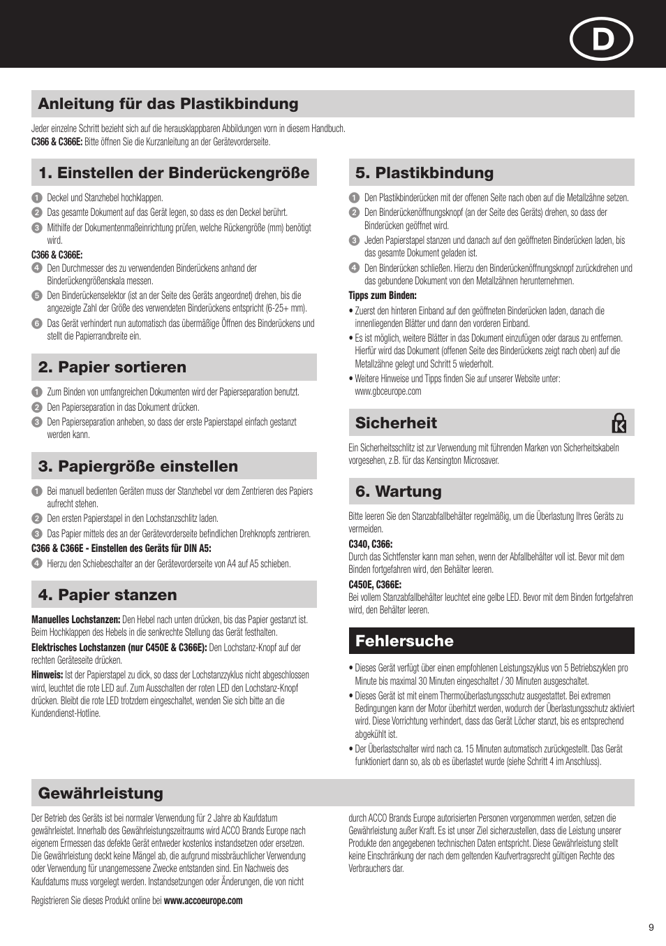 Gewährleistung, Anleitung für das plastikbindung, Einstellen der binderückengröße | Fehlersuche, Papier sortieren, Papiergröße einstellen, Papier stanzen, Plastikbindung, Wartung, Sicherheit | GBC C366E User Manual | Page 9 / 38